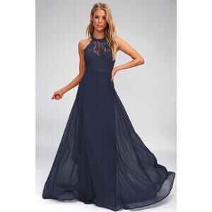 Lulu's Dance All Evening Navy Blue Lace Full Length Gown Maxi Dress M